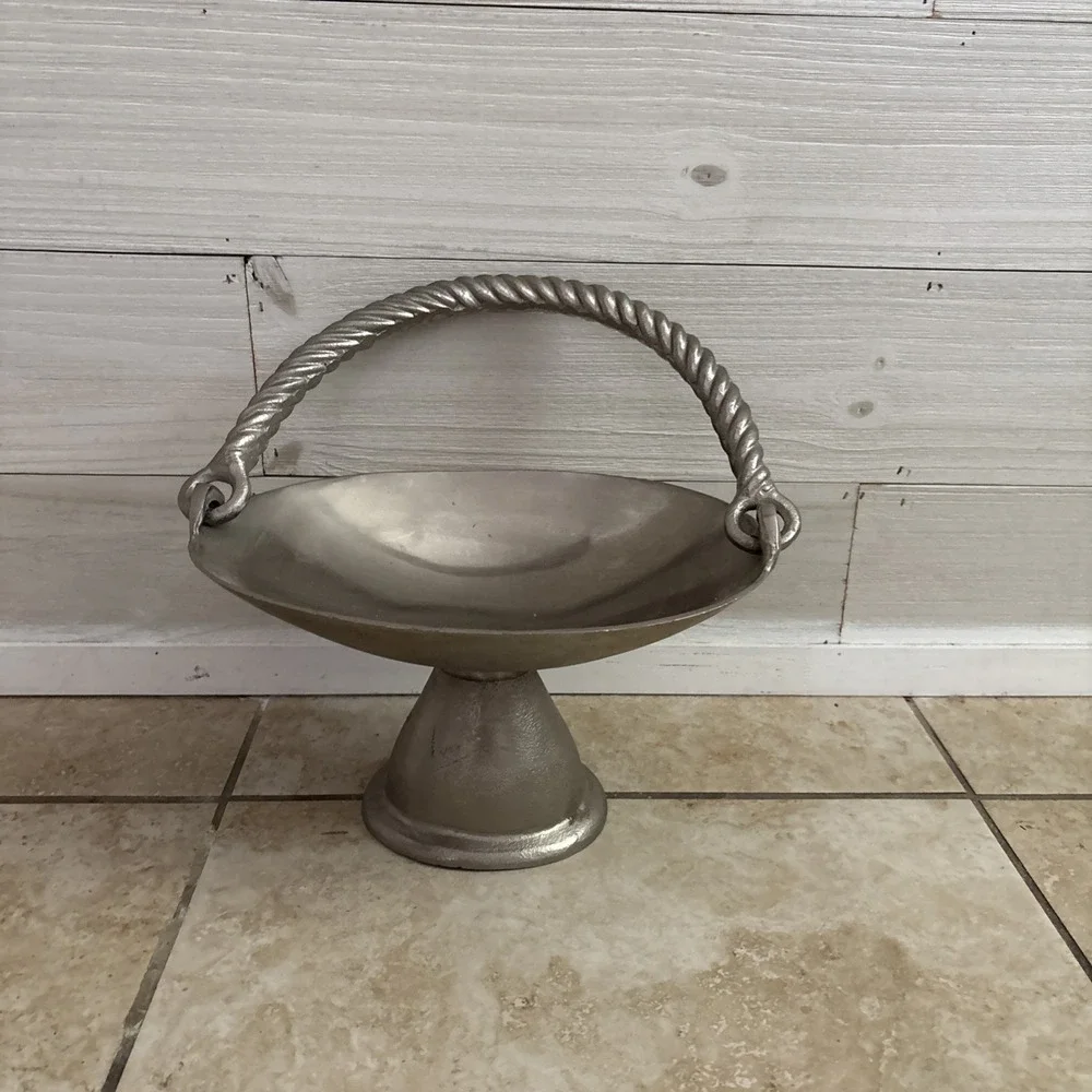 Vintage Cast Aluminum Pedestal Centerpiece Bowl Twisted Rope Handle Fruit Decor